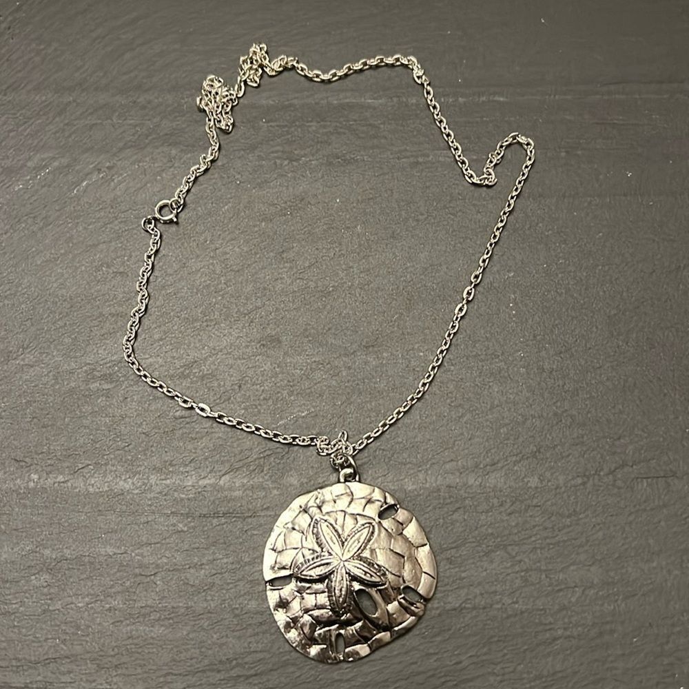 Vintage Sand Dollar Pendant Necklace Silver Tone on 24 inch chain